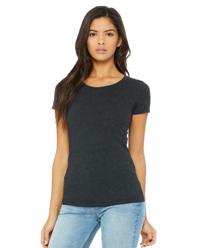 woman wearing charcoal gray ladies-cut T-shirt