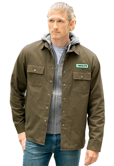 man wearing dark khaki canvas shacket shirt jacket