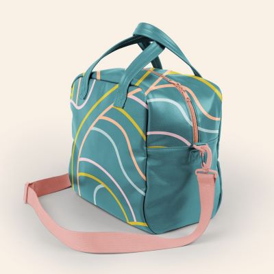 custom printed teal retro bowling bag with pink nylon strap