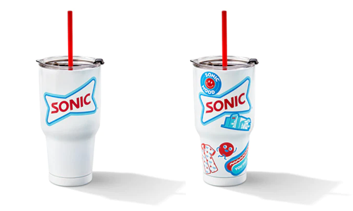 Sonic insulated tumbler shown plain and with stickers added