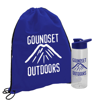 branded drawstring backpack and water bottle