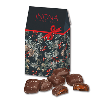 holiday gift box of chocolate-covered seal salt caramels