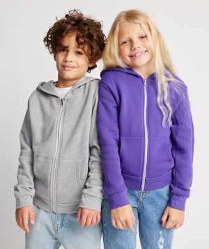 boy in gray full-zip hoodie and girl in purple full-zip hoodie