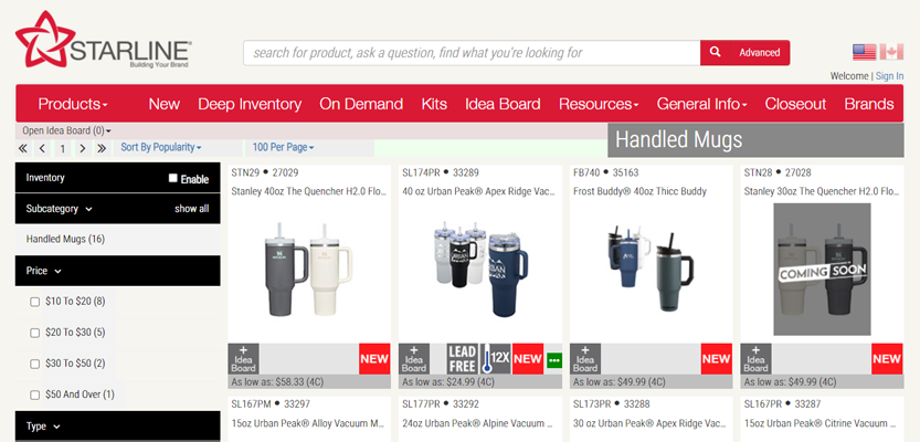 Starline drinkware product listings showing "lead-free" items