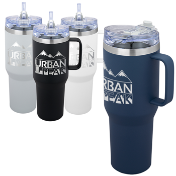 multicolored travel mugs with handle, lid and logo decoration