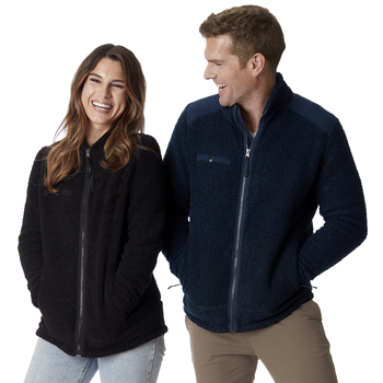 cople wearing black boucle fleece full-zip jackets