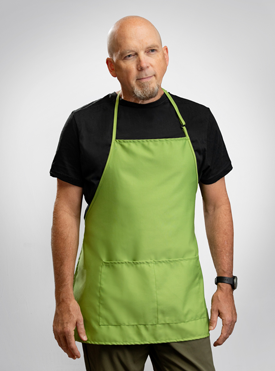 man wearing green canvas apron ready for branding