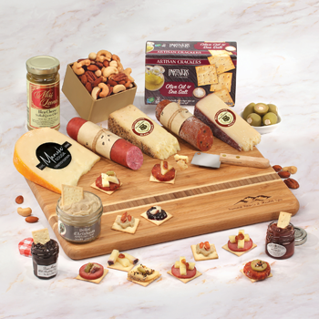 Charcuterie Party Pleasers gift setwith bamboo board, 3 cheeses, sausage, salami, mixed nuts, etc.