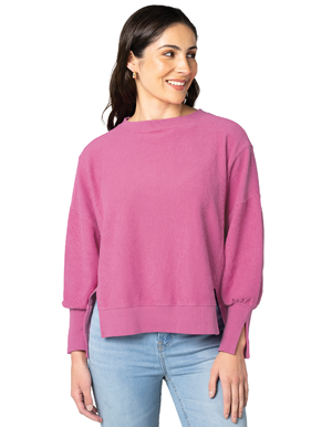 sleeves in women’s apparel. All three are on display in this Charles River Apparel berry pink Women’s Camden Spliced Crew Neck Sweatshirt with high-low hemline