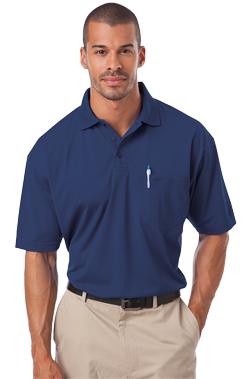 man wearing classic dark blue polo shirt with pocket