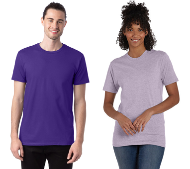 man in purple T-shirt and woman in lavender T-shirt