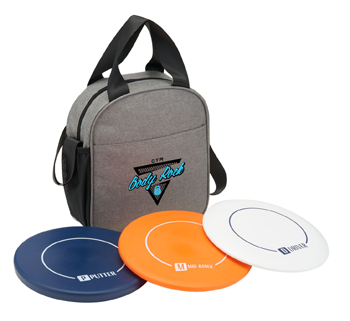 disc golf set with 3 discs and branded bag