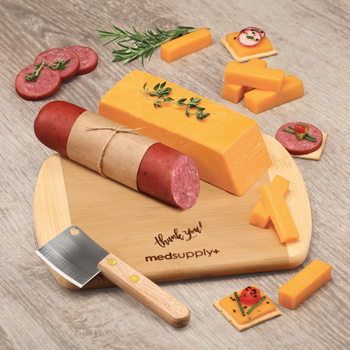 Maple Ridge Farms gluten-free Wisconsin Favorites gift set with summer sausage, cheese, and bamboo chopping board