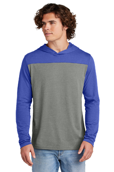 young man wearing blue and gray colorblock hoodie