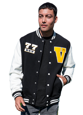 young man wearing black and white varsity letter jacket