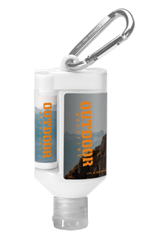 custom-label sunscreen and lip balm on carabiner